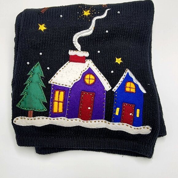 Vintage ugly Christmas Sweater Vest With Santa Sleigh & Reindeer Embroidery Blac - Picture 6 of 12